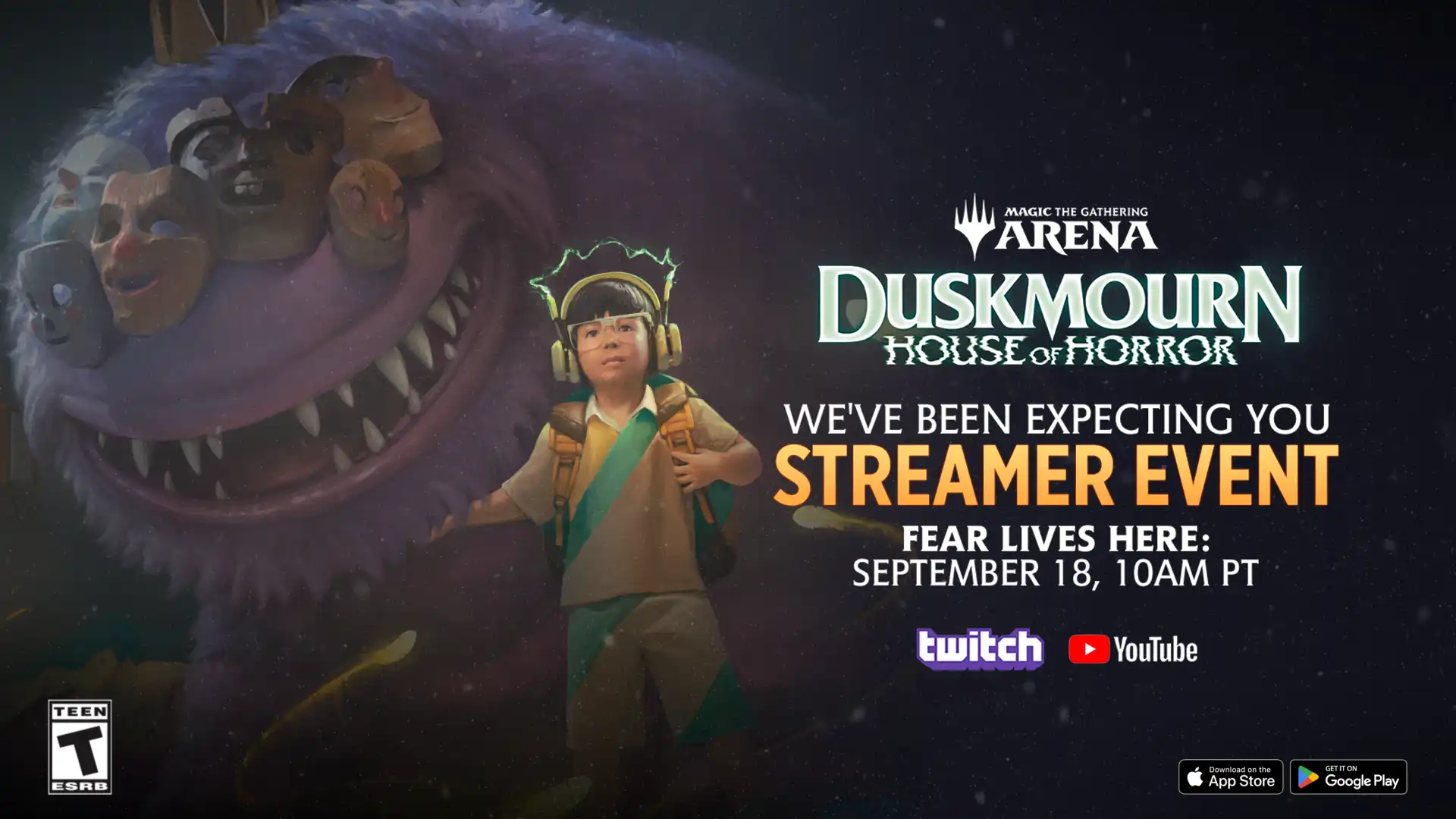 A young boy stands next to a large beastie with six masks over its eyes and an enormous, toothy smile on its face, with the text We've been expecting you, Streamer Event, Fear lives here: September 18, 10 a.m. PT on Twitch and YouTube